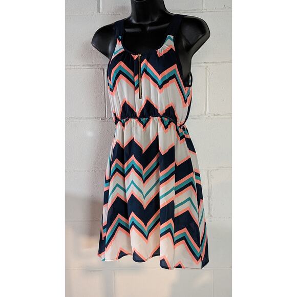 Rue21 Chevron Print Dress Sleeveless Navy Coral Teal White Mini Sundress Small - Picture 1 of 4